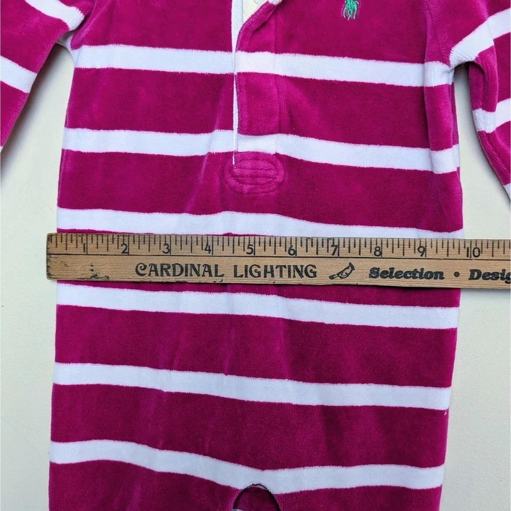 Polo Ralph Lauren Pink & White Striped Velour Footie One Piece Romper 9 Months